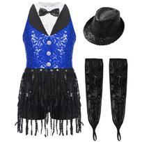 Girls Latin Jazz Dance Leotard Sleeveless Keyhole Back Sequin Tassel Top with Metallic Gloves and Hat 11-12 Years juoda/mėlyna