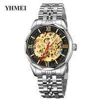 Mens Watches, Mechanical Skeleton Stainless Steel Waterproof Automatic Self-Winding Watch for Men,Hollowed Out Dial Steampunk Wrist Watch juoda/sidabras