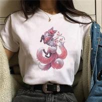 2024 m. nauji kawaii lapės rašto marškinėliai Moteriški hipsteriški mieli marškinėliai Fe Unisex Mados sezonai Harajuku balti 0 kaklo viršutiniai drabužiai Unisex marškinėliai drabužiai L