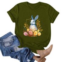 Women's Easter Bunny Print Neck Short Sleeve T-Shirt Top L armijos žalia spalva
