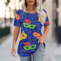 Women's Carnival Mask Print Short Sleeve Loose Round Neck Pleated Top L mėlyna