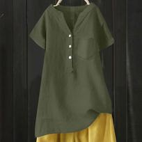 Women's Fashion Loose Solid Color Standing Collar Button Mid Sleeve Cotton Linen Shirt Top L armijos žalia spalva