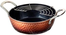 Taniguchi Metal Hammered Forged Tempura Pot with Half Moon Gas Fire PFOA Free Screen, 22cm, IH, Compatible, PFOS, bronza