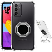 Case for Samsung Galaxy M13 Silicone Reinforced Corners Transparent with Silver Rotating Multi-Angle Stand skaidri