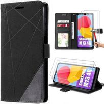 Case for Samsung Galaxy M13 + 2 Tempered Glasses, Protection Leather Effect Black Flip Cover