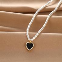Black And White Double-Sided Love Pearl Necklace Women'S Light Luxury Design Sense Simple And Non-Fading Heart-Shaped Pendant Jewelry