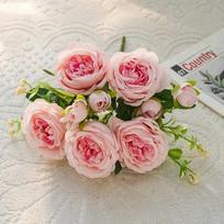 Simulation 5 Big Head 4 Small Bud Rose Pink Silk Bouquet Peony Artificial Flower Bridal Wedding Home Decoration Bouquet 1PC