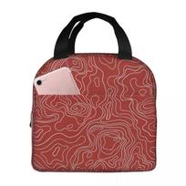 White Topographic Contour Lines Map Seamless Pattern With Rust Background Portable Lunch Bag Stripe Ice Cooler Pack Insulation 22x20x13CM balta