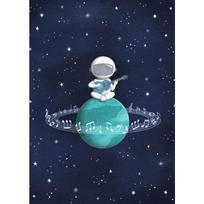 Animacinis astronautas, kosmoso tema, mėnulio ir žvaigždžių plakatas, tamsiai mėlyna žvaigždėta naktis, sienų, kosmoso drobės tapyba, vaikų darželio dekoras 21cm×30cm NoFrame