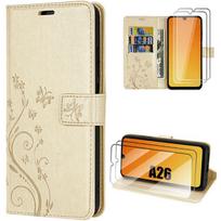Case for Samsung Galaxy A26 5G - BOOLING - Golden Synthetic Leather with Butterfly Relief Pattern - 2 Tempered Glasses auksas