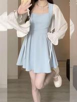 Women's Summer Retro Hong Kong Style Overalls Dress Set with Sun Protection Cardigan & Cross Bow Tie Strap Slip Dress Extra Large