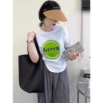 Hong Kong style salt round neck short-sleeved printed T-shirt for women's 2025 summer simple and loose versatile hem curved top S