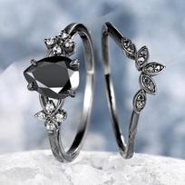 Exquisite Inlaid with Black Stone copper Color Waterdrop Rings Set Fashion Party Rings for Women Jewelry 6 black