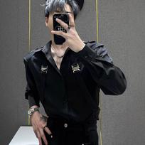 Men's Satin Harness Detail Epaulet Long Sleeve Button Down Shirt Casual Streetwear Top S juoda