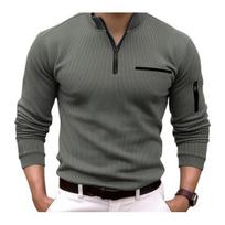 Yousheng Fall Spring Men Shirt Zippered Half-open Stand Collar Solid Color Formal Business Style Stretchy Office Meeting Daily Top XL armijos žalia spalva