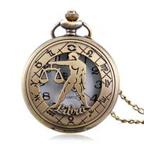 Fashion Zodiac Constellation Libra Retro Pocket Watches for Man's Women's Gifts with Chain beige