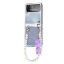 For Samsung Galaxy Z Flip 4 5g Luxury Aurora Colorful Case With Pearl Chain Bear Pendant Laser Gradient Bling Anti -Drop Cover For Galaxy Z Flip 4 pilka