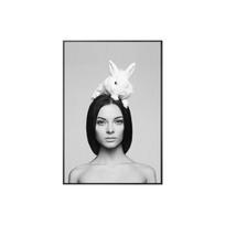 Black And White Short Hair Girl Painting Rabbit Hat Sexy Lady Poster For Living Room Nordic Wall Art Decoration Picture Salon 21cm×30cm NoFrame