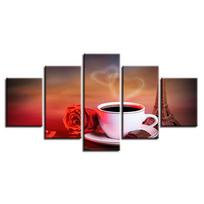 HD spaudos sienų meno rėmas Moduliniai drobės paveikslai 5 dalys Eifelio bokštas Raudona rožė Širdies formos Kavos tapyba Namų kambario plakatai Dekoras 20x35cm*2  20x45cm*2  20x55cm*1 brown