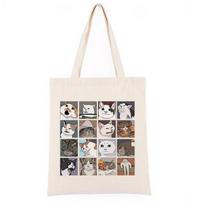 „Meme Cats“ dėlionės pirkinių krepšiai moterims „Harajuku Print Fashion Korėjos vintažinė drobė“. 24*26cm balta