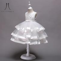 Children's Gown Organza Multi-layer Mesh Tutu Dress Party Host Performance Dress Birthday Party Dress 100 balta