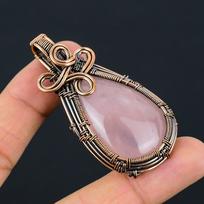 Rose Quartz Gemstone Pure Copper Wire Wrapped Handmade Pendant Jewelry Gift For Her 2.56 Inches rožinė