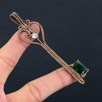 Unique Key Shaped Faceted Chrome Diopside Gemstone Pure Copper Wire Wrapped Handmade Pendant Jewelry 3.94 Inches žalia