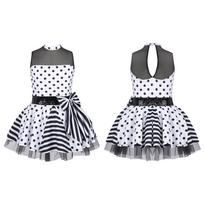 Kids Girls Sleeveless Polka Dots Print Sequins Tutu Mesh Patchwork Style Dress Stage Performance 7-8 Years balta