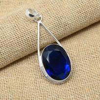 Lab-Created Blue Sapphire Gemstone 925 Sterling Silver Handmade Jewelry Pendant For Her 2.16 Inches mėlyna