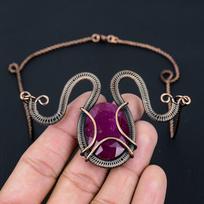 Lab-Created Ruby Gemstone Pure Copper Wire Wrapped Handmade Necklace Jewelry 18 Inches rožinė