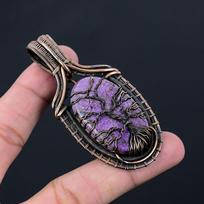 Tree Of Life Purpurite Gemstone Pendant Pure Copper Wire Wrapped Handmade Jewelry 3.15 Inches violetinė