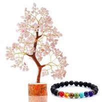Clear Quartz Crystal Natural Gemstone Bonsai Money Tree Figurine with Chakra Bracelet ffice Decor, 300 Beads Size 27.9 cm x 30.48 cm