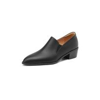 Krazing Pot Cow Leather Round Toe Thick Med Heels Spring Shoes Brogues Big Size 43 Slip on Women Pumps 34 juoda