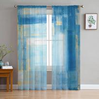 Abstraktus Aliejinis Paveikslas Mėlynos Permatomos Užuolaidos Svetainei Miegamajam Namų Dekorui Virtuvės Tiulis Langams Voile Draperijos 135W x 114H(cm)