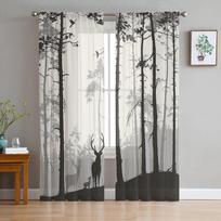 Šiaurės elnio pušies silueto tiulio užuolaidos svetainei Permatomos užuolaidos miegamojo virtuvės lango užuolaidos 135W x 114H(cm) black