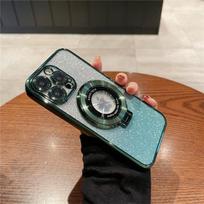 Luxury Plating Flash Glitter Magsafe Magnetic Holder Phone Case For iPhone 11 12 13 14 15 Pro Max Lens Protector Cover On 14Plus For 14 Pro Max black