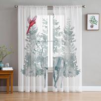 Deer In Autumn Misty Forest Sheer Curtains for Living Room Transparent Tulle Window Curtain Bedroom Kitchen Decor Veil Drapes 135W x 114H(cm) white