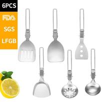 Outdoor Camping Stainless Steel Kitchenware Portable Folding Stir-fry Spatula Rice Spatula Frying Spatula Spatula Slotted Spoon Soup Spoon Set 6set