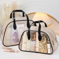 Leather Double Layer Makeup Bag Portable Female Travel Large Capacity Dry and Wet Separation Waterproof PVC Storage Toiletry Bag S gray