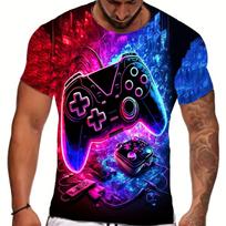 Gamepad Print T-shirt, Men's Casual Street Style Stretch Round Neck Tee Shirt For Summer 6XL black