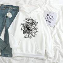 Drakono raštais Harajuku Moteriški raidžių madingi megztiniai ilgomis rankovėmis Vintage Plus Velvet Ulzzang Kasdienis plius dydžio megztinis su gobtuvu S juoda