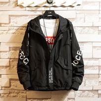 Men's Plus Size Letter Printed Hooded Casual Jacket Outdoor Windproof Jacket XS black