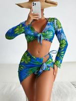 Vintažiniai gėlių rašto 4 dalių bikini rinkiniai 2024 m. Moteriškas ilgomis rankovėmis tinklinis paplūdimio apdangalas su sijonu Maudymosi kostiumas T-string maudymosi drabužiai L rožinė raudona spalva