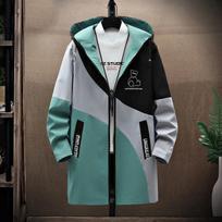 Bear Print Windbreaker Hooded Jacket Men Coat Casual Loose Parka Soft Comfortable Top Long M black