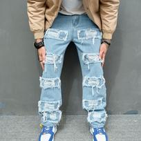 Men'S Biomimetic Jeans, Solid Color, Slim Fit, Small Leg, Elastic, Perforated Beggar Pants, Slim Fit, Long 28 šviesiai mėlyna spalva