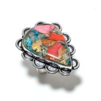 Natural Spiny Oyster Gemstone Handmade 925 Sterling Silver Ring Size 8 B9N10 gray