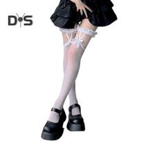 1 Pair Women Stockings See-through Ultra-thin Fishnet Lace Bow Decor High Elasticity Over-the-Knee Skinny Solid Color Japanese Style Anti-slip Lady balta