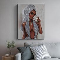 Namų dekoras Rožinė violetinė blizgučiai juoda moteris, gerianti kavą, drobė, tapyba Seksuali mergina gyvenamajam kambariui namų dekoravimui 20x30cm gray