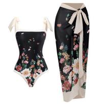 2Pcs/Set Women Printing Monokini with Skirt Sling Bandeau One-Piece Hot Spring Swimsuit XL juoda