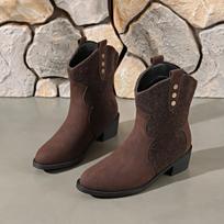 Moteriški žemo kulno vakarietiški kaubojiški batai, įsispiriami, plati blauzda, dirbtinio zomšo ankle boots, smailūs batukai, storas blokinis kulnas, kaubojiški batukai, batai moterims 36 tamsiai ruda spalva